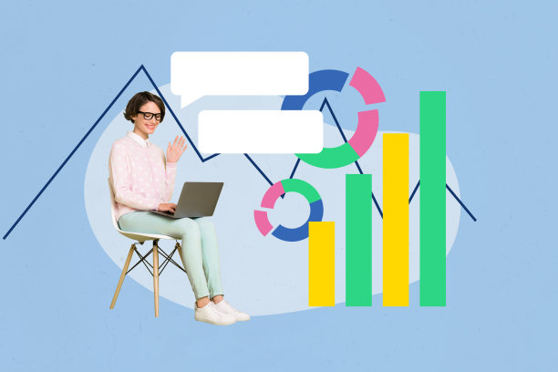 年轻自信的女项目经理坐在椅子上，手持笔记本电脑，进行短信对话的综合趋势素描照片拼贴。图片下载