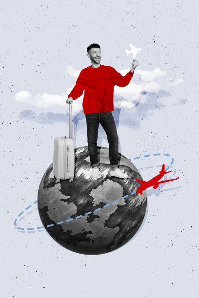 年轻快乐的男子在飞机背景下旅行，纵向照片拼贴，展示地球之旅。图片下载