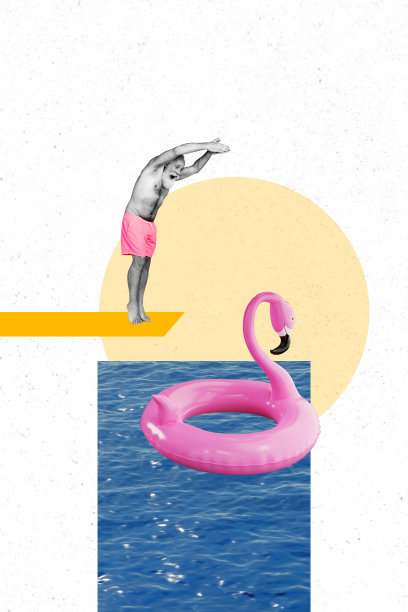 垂直图片拼贴，退休老人在海滨度假村的海洋中跳跃，背景是粉色的火烈鸟图案。图片下载