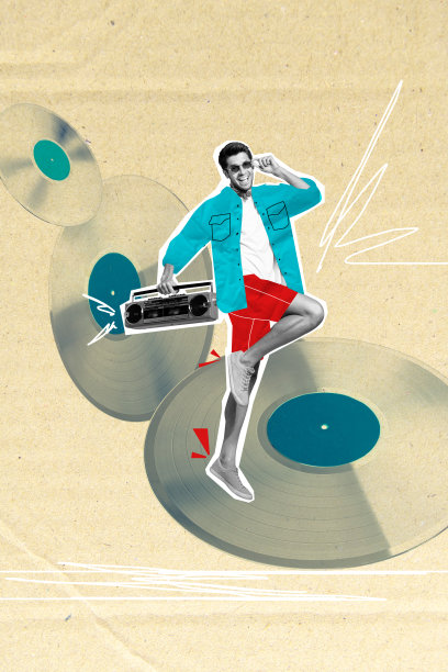 快乐男孩在涂鸦背景下跳舞，手持复古音响和黑胶唱片的竖版照片拼贴图片下载