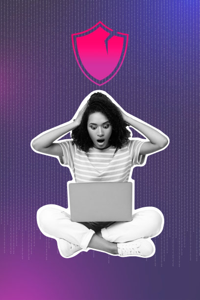 年轻女孩惊恐地捂住头，面对网络攻击、黑客、杀毒软件，手无寸铁的笔记本电脑，垂直照片拼贴，背景为涂鸦风格。图片下载