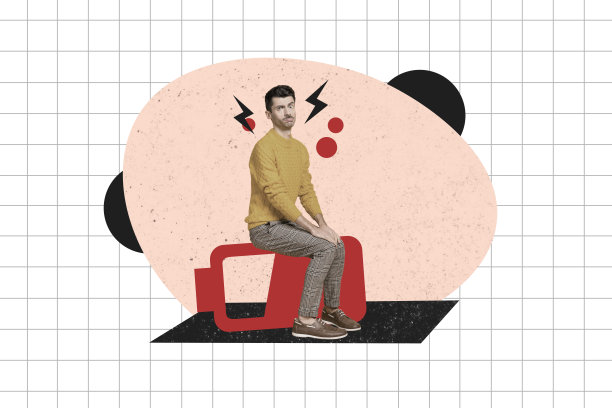 趋势艺术素描图像 3D 照片拼贴，年轻男子疲惫不堪，坐在巨大的电池旁，低电量，需要充电。图片下载