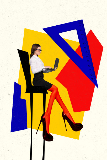 严肃的女商人坐在椅子上，长腿搭配MacBook设备，形成的垂直照片拼贴，背景为涂鸦效果，展现自由职业者的形象。图片下载