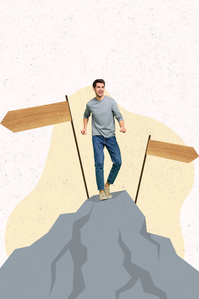 趋势艺术作品 3D 照片拼贴，年轻男孩在高山峰岩石点，展示两个指示方向的标志，选择未来的旅行方向困境图片下载