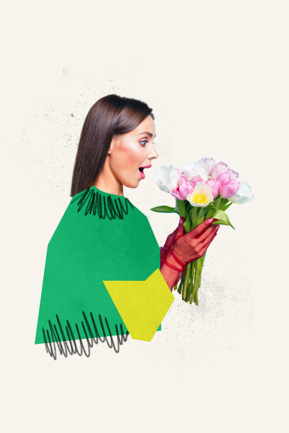 趋势艺术作品合成素描图像照片拼贴，展示一位惊艳的女士手持郁金香花束，庆祝国际妇女节的礼物。图片下载