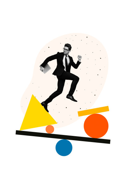 年轻的跑步男士在匆忙中进行商业项目管理，几何图形平衡，追求目标的垂直照片拼贴。图片下载