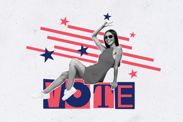 创意图片拼贴，年轻快乐的漂亮女性在选举政治决策中展示胜利手势，背景为绘画。图片下载