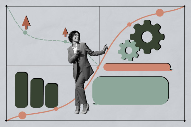 快乐女商人跳舞的复合照片拼贴，齿轮优化箭头成功气泡工作，背景为涂鸦风格。图片下载