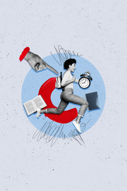 垂直照片拼贴，年轻学生女孩奔跑，背着书包，迟到错过上课，考试铃声响起，背景为绘画。图片下载