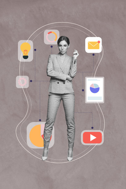 创意图片拼贴，年轻迷人的女员工，企业家，YouTube图标，消息通知，信息图表，灯泡图片下载