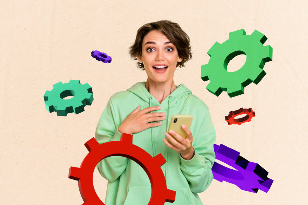 快乐惊讶的女孩手持新款iPhone的合成照片拼贴，优化设置科技，背景为涂鸦风格。图片下载