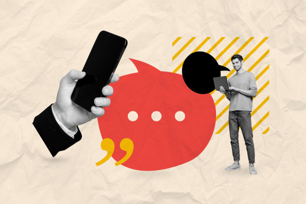 年轻男子站着，手持笔记本电脑和智能手机，数字社交网络短信回复文本框的照片拼贴。图片下载