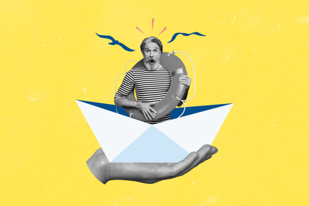 手持救生圈的害怕的老水手，纸船的拼贴照片，安全风险旅行假期，孤立在涂鸦背景上图片下载
