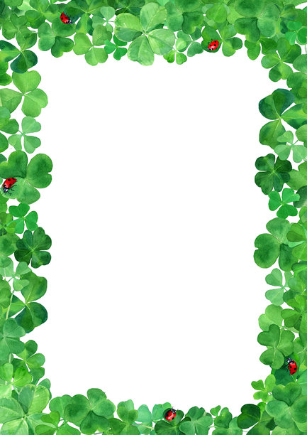 水彩手绘的四叶草组合，带有绿色四叶草的A4空白装饰框。圣帕特里克节背景。图片下载