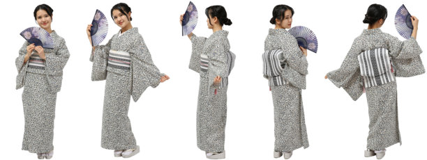 一位穿着灰色浴衣的日本女性手持折扇，5张照片图片下载