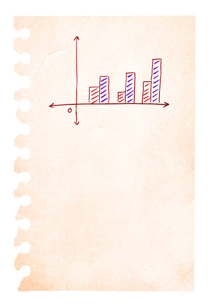 一幅垂直的矢量插图，展示了一张简单的空白奶油色、浅棕色和米色的撕裂皱褶纸页，来自一个带孔的螺旋笔记本，左边缘有打孔的边框，以及一张带有涂鸦紫色、蓝色和红色条形的上升趋势柱状图。图片下载