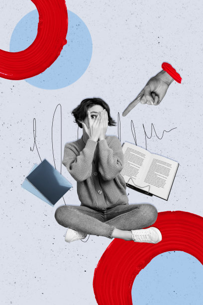 害怕的学生女孩用手遮住书本和笔记本，手臂和食指指向惩罚，孤立在涂鸦背景上的竖版照片拼贴。图片下载