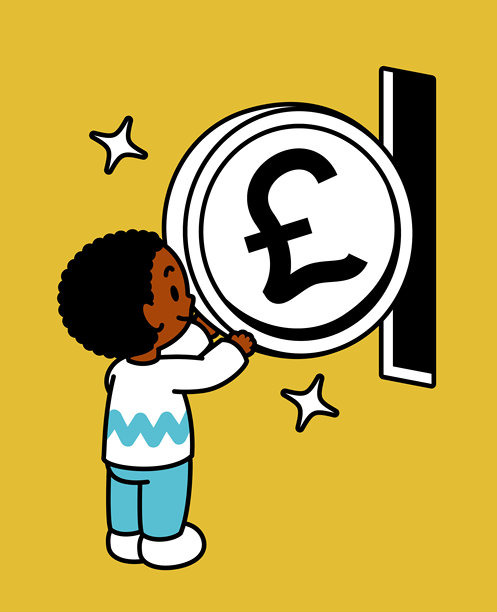 一个可爱的黑人男孩，留着非洲卷发，正在将一枚大硬币放入一个黑色的插槽，可能是自动售货机或储蓄罐，三分之四的背面视角，黑色轮廓，平面色彩，极简风格图片下载