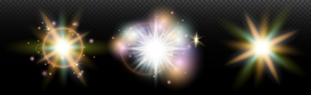 一组带有眩光和光晕的手电筒效果，背景透明。魔幻、彩虹光辉、闪耀的光线、星星、光学光晕，适用于设计、照片合成、新年和节日项目。图片下载