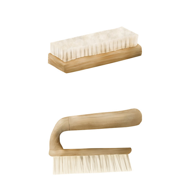 用于清洁的天然毛刷和鞋刷。水彩数字插图。带木柄的刷子，孤立在白色背景上。家庭、花园和办公室清洁工具。图片下载