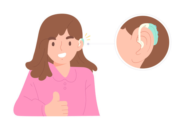 快乐的女性正在使用耳背式助听器，微笑着，耳朵和助听器的特写照片。图片下载