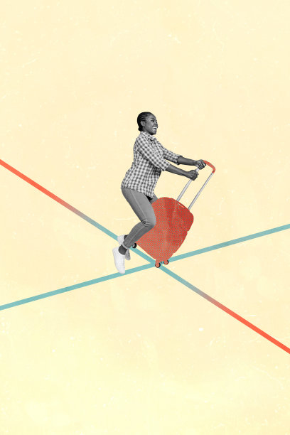 快乐的美国女孩骑着行李箱的独特垂直照片拼贴，享受夏季假期，放松旅行，周末旅游。图片下载