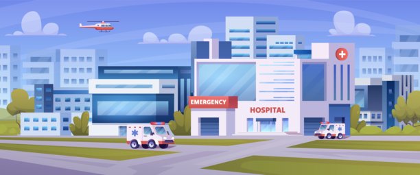 城市医院景观。现代建筑外立面的医疗中心庭院诊所户外背景，救护车紧急办公室医疗房屋，时尚的矢量插图图片下载