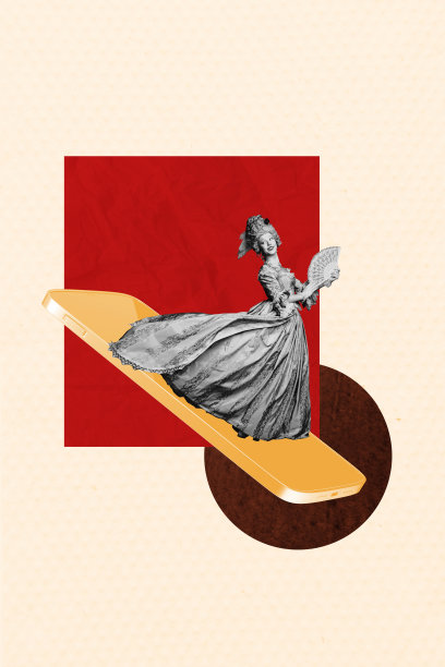 巨型智能手机显示屏前站着的年轻女士，穿着紧身胸衣，佩戴洛可可风格的粉色假发，展现出优雅的艺术作品的草图合成3D照片拼贴趋势。图片下载