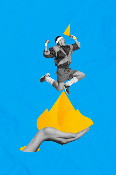 趋势艺术复合横幅 3D 照片拼贴，年轻男子穿着运动服，手持旗帜，象征着实现目标的超现实火焰。图片下载