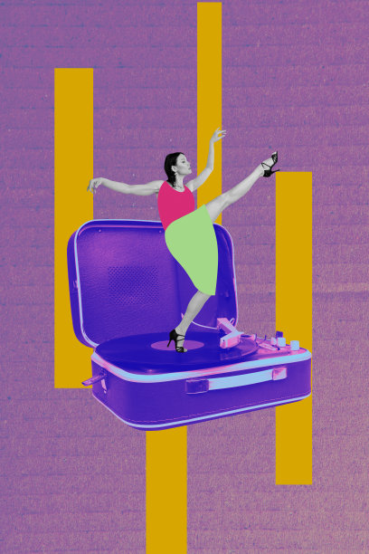 艺术图像，垂直照片拼贴，严肃的女孩编舞家，芭蕾舞者，复古黑胶唱片播放器，周末俱乐部表演图片下载