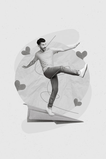 3D拼贴杂志海报明信片，积极帅气的男人飞着纸飞机，急着去见一对情侣，背景为手绘风格。图片下载