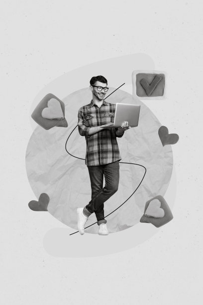 快乐帅气的男人在绘画背景下打短信与女友聊天的照片拼贴杂志海报模板图片下载