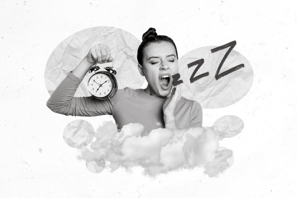 独特的杂志图片素描拼贴，描绘了一位搞笑的女士打哈欠，感到疲惫，背景为孤立的绘画。图片下载