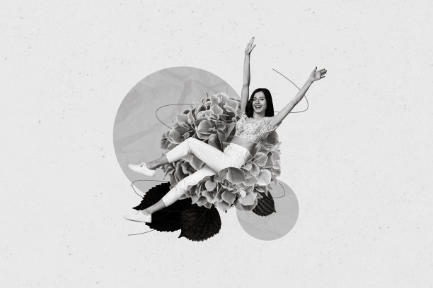 照片拼贴卡通漫画素描图，兴奋的女士坐在大蓬松的花朵上，背景为手绘风格。图片下载