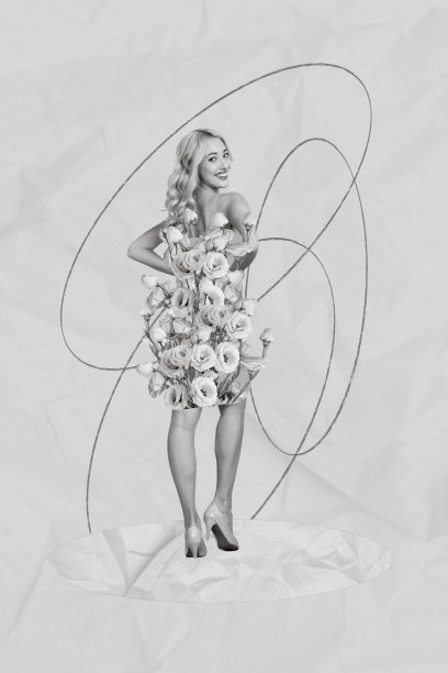 简约风格的照片拼贴艺术作品，描绘了一位穿着花朵裙子的女士，背景为素描风格。图片下载