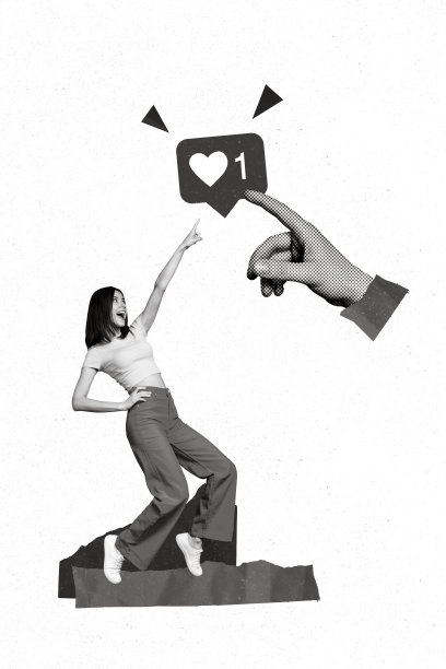 独特的杂志图片素描拼贴，描绘了一位无忧无虑的女士在画背景中指向心形标志。图片下载