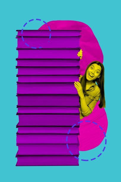 快乐女孩图书管理员在书堆中偷看，教育概念，学习小说，日记，知识爱好，竖版照片拼贴。图片下载