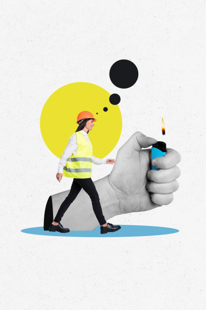 快乐的建筑女孩穿着保护头盔和背心，手持打火机，走在消防员旁边的竖版海报照片拼贴。图片下载