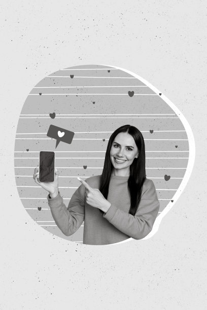 年轻博主积极可爱的女孩手持智能手机，指着屏幕展示更多人气，背景为手绘风格的图案。图片下载