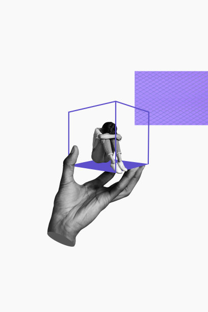 困惑女孩坐在鸟笼里的竖版照片拼贴，手握立方体图标，表现出欺凌、压力、问题、监禁、劫持和监狱的主题。图片下载