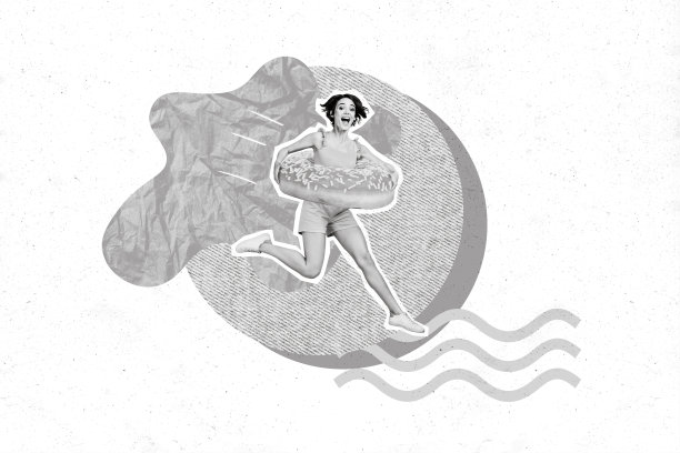 创意照片3D拼贴艺术海报，展示一个疯狂的女孩手持大甜甜圈，无法拒绝美食瑜伽，背景为绘画风格。图片下载