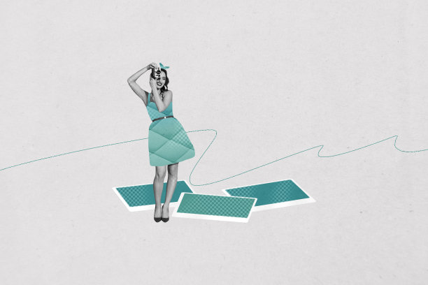 时尚艺术作品，创意素描，3D照片拼贴，年轻女士微笑着手持相机，摄影师，狗仔队，相机爱好者拍摄内容图片下载