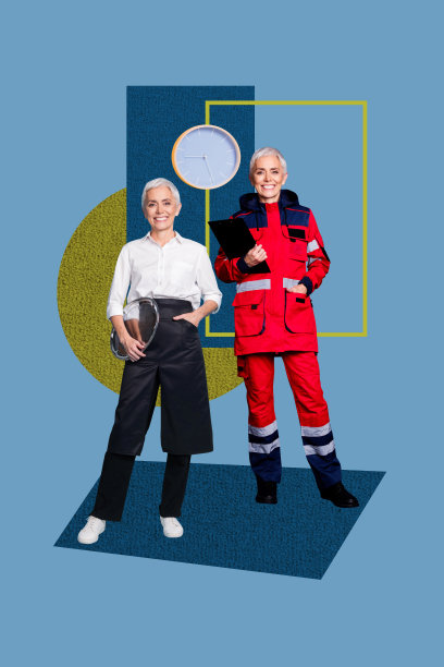 艺术图像，垂直照片拼贴，两位快乐的老年女性，咖啡师和急救医生，穿着制服和围裙。图片下载