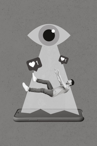 年轻的男学生因沉迷智能手机而摔倒的拼贴照片，孤立在蓝色背景上，渴望获得更多的热门分享和关注。图片下载