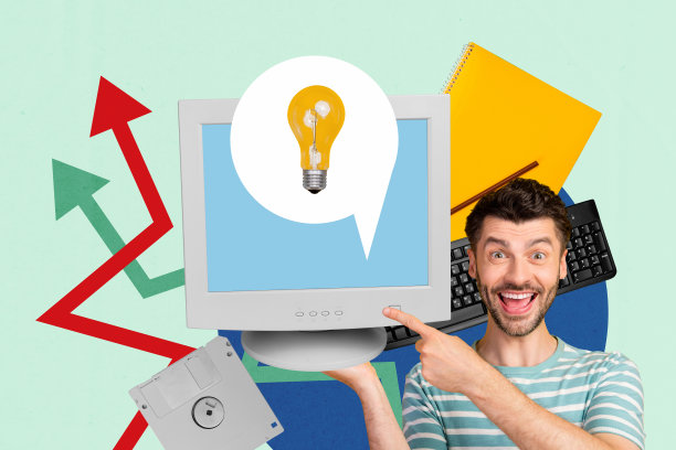 草图图像艺术作品复合3D照片拼贴，展示目标发展成功，电脑显示器、创意灯、年轻男孩微笑、手指指向箭头。图片下载