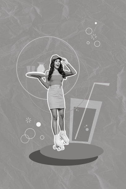 创意照片3D拼贴艺术海报，描绘女服务员在画背景下为咖啡馆餐厅的顾客服务。图片下载