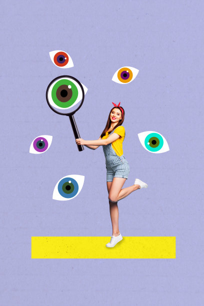 趋势艺术作品复合横幅 3D 照片拼贴，年轻女性站着手持放大镜，研究、发现、观察、监督、逃避、视野、看见。图片下载
