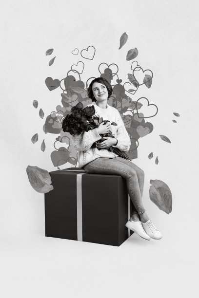 创意照片3D拼贴艺术海报明信片，描绘美丽梦幻的女士在绘画背景下享受浪漫时光的礼物。图片下载