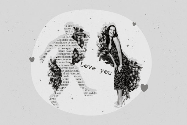 美丽女友的复合照片拼贴艺术作品，盛开的郁金香花束，三月节日庆祝，书本人物，孤立在米色背景上。图片下载