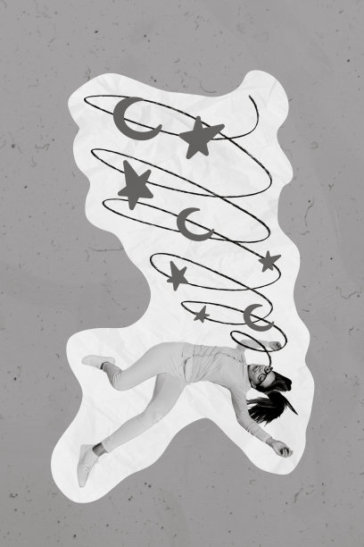 创意照片3D拼贴艺术海报明信片，描绘了一位工作一天后感到疲惫的女孩，享受甜美的梦境，背景为绘画风格。图片下载